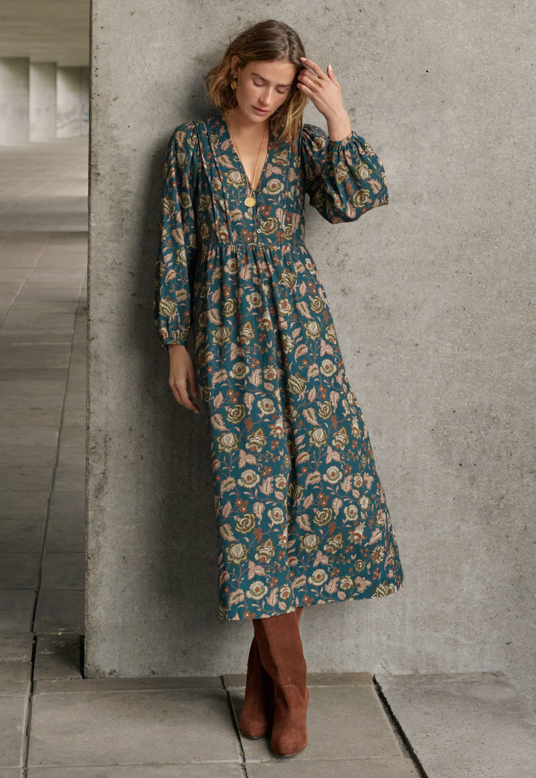 Print-Kleid, Petrol/Rost, large