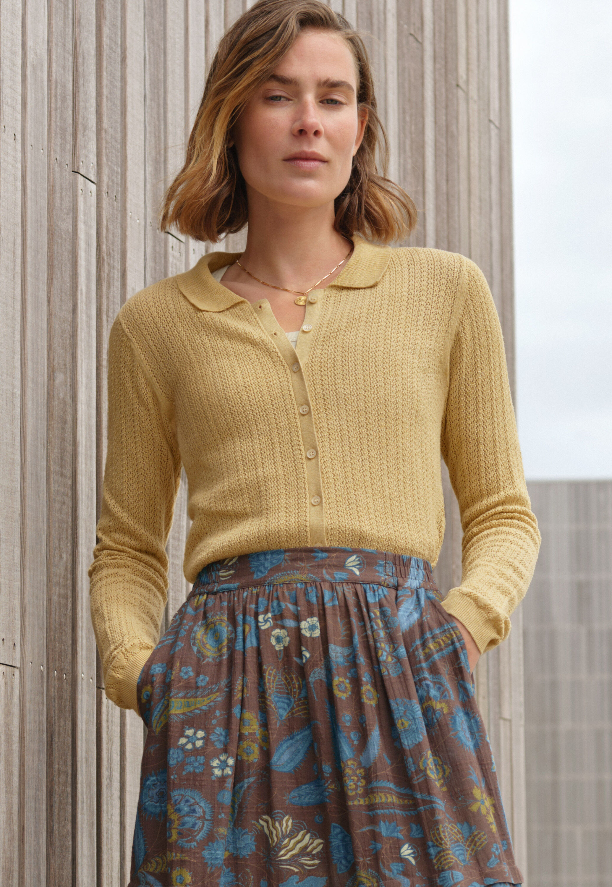 Spitzenmuster-Cardigan mit Kragen, Buttergelb, large