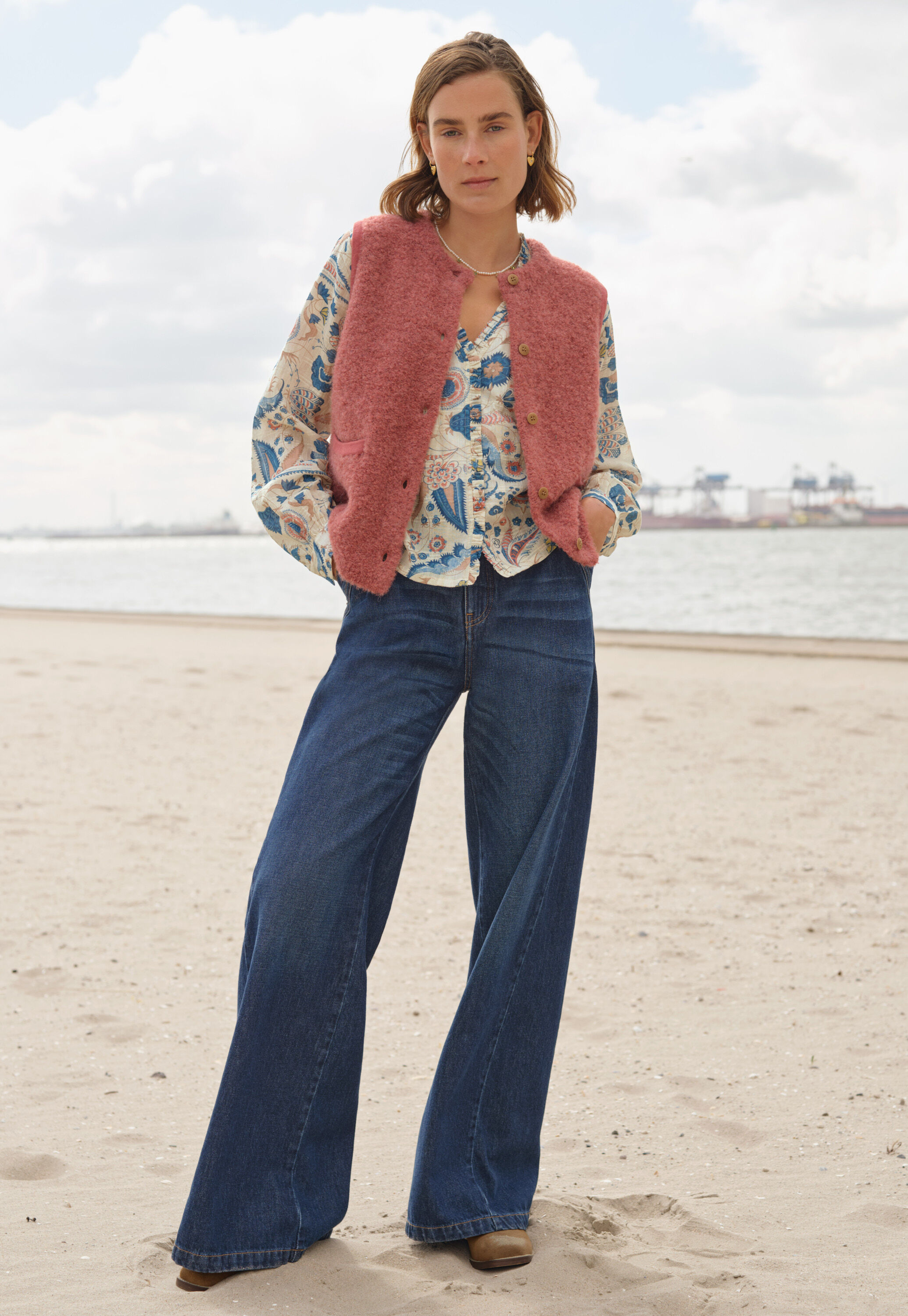 Bluse mit Print, Ecru/Denim, large