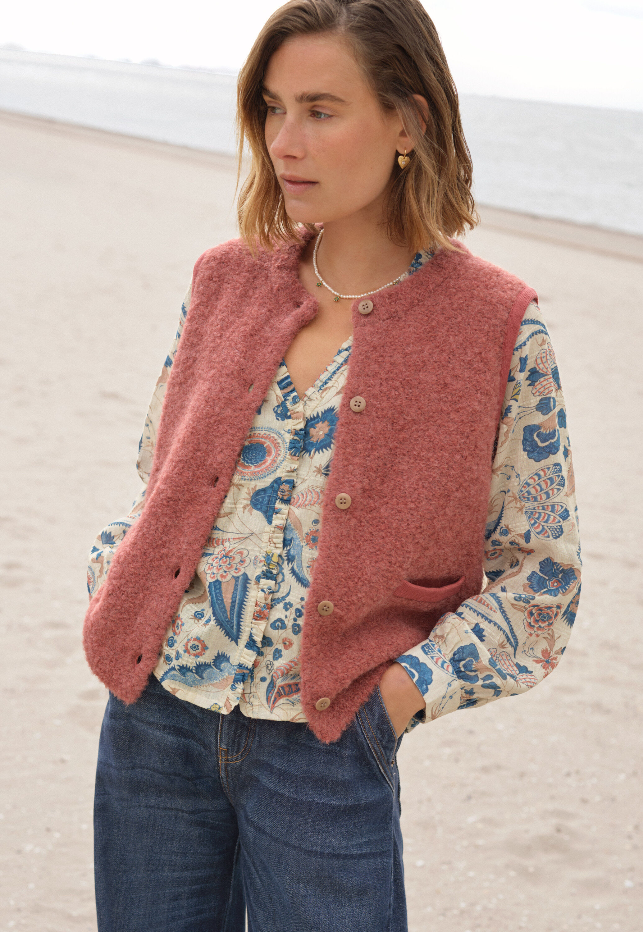 Bluse mit Print, Ecru/Denim, large
