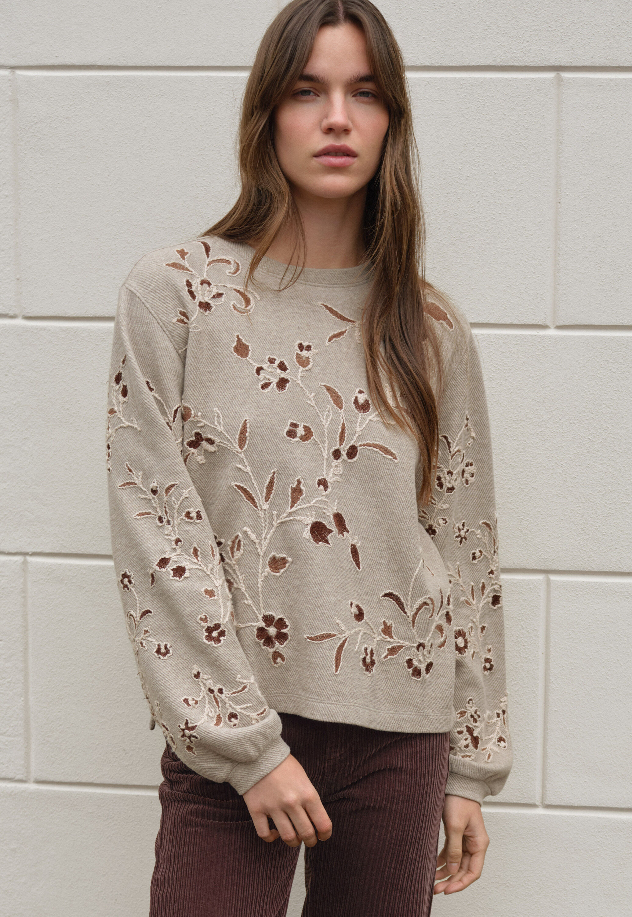 Besticktes Jersey-Oberteil, Helles Taupe, large