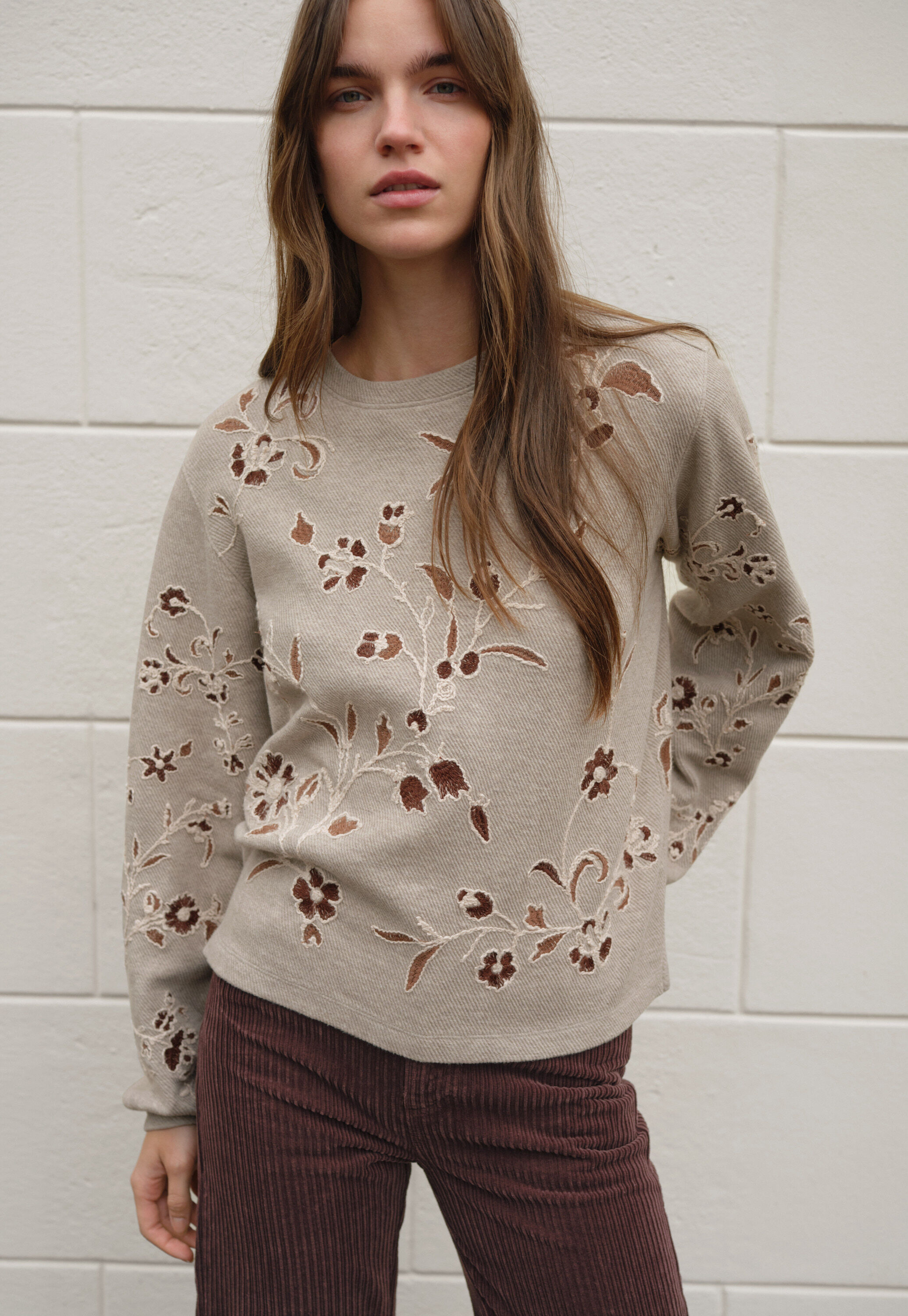 Besticktes Jersey-Oberteil, Helles Taupe, large
