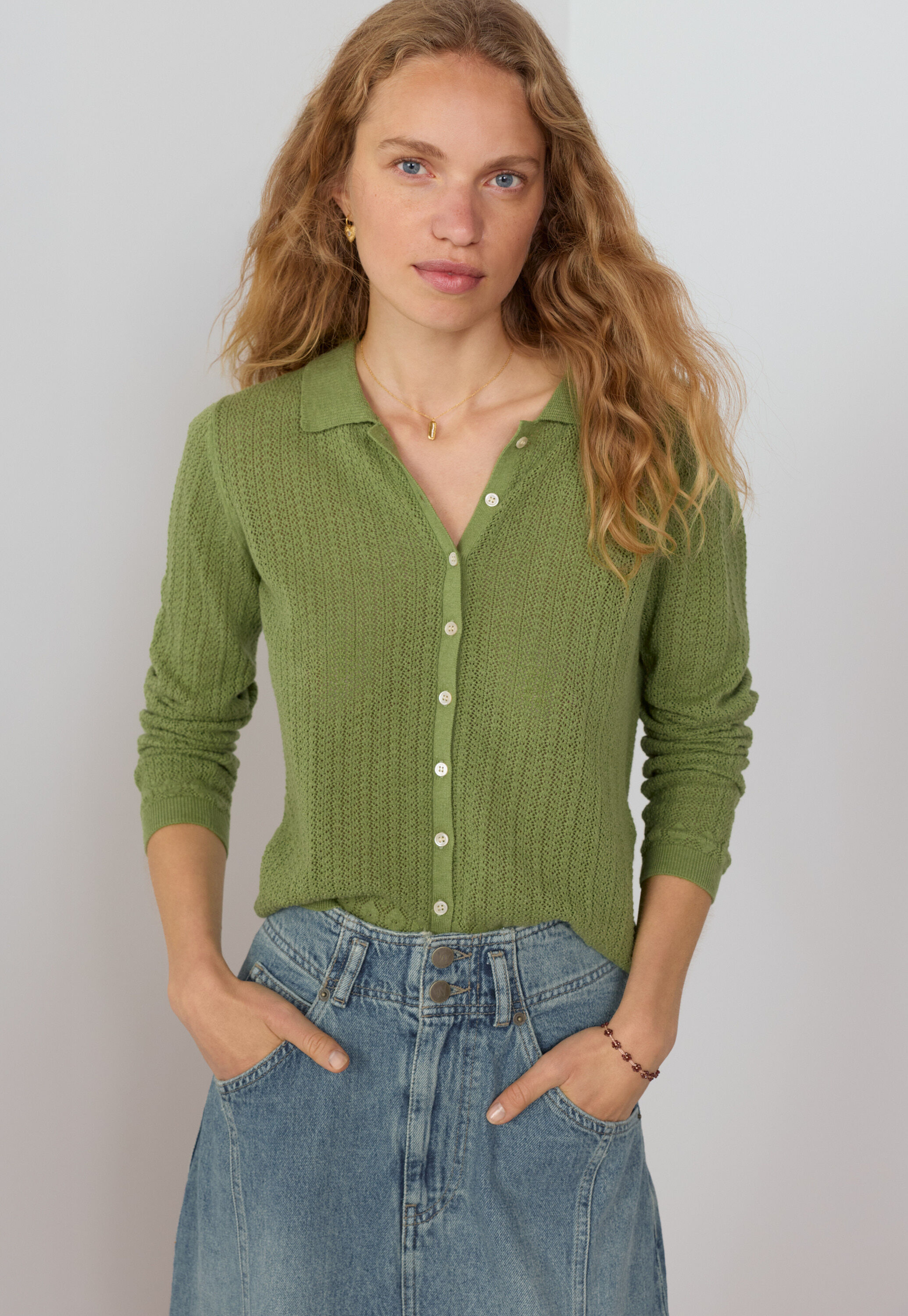 Spitzenmuster-Cardigan mit Kragen, Blattgr&uuml;n, large