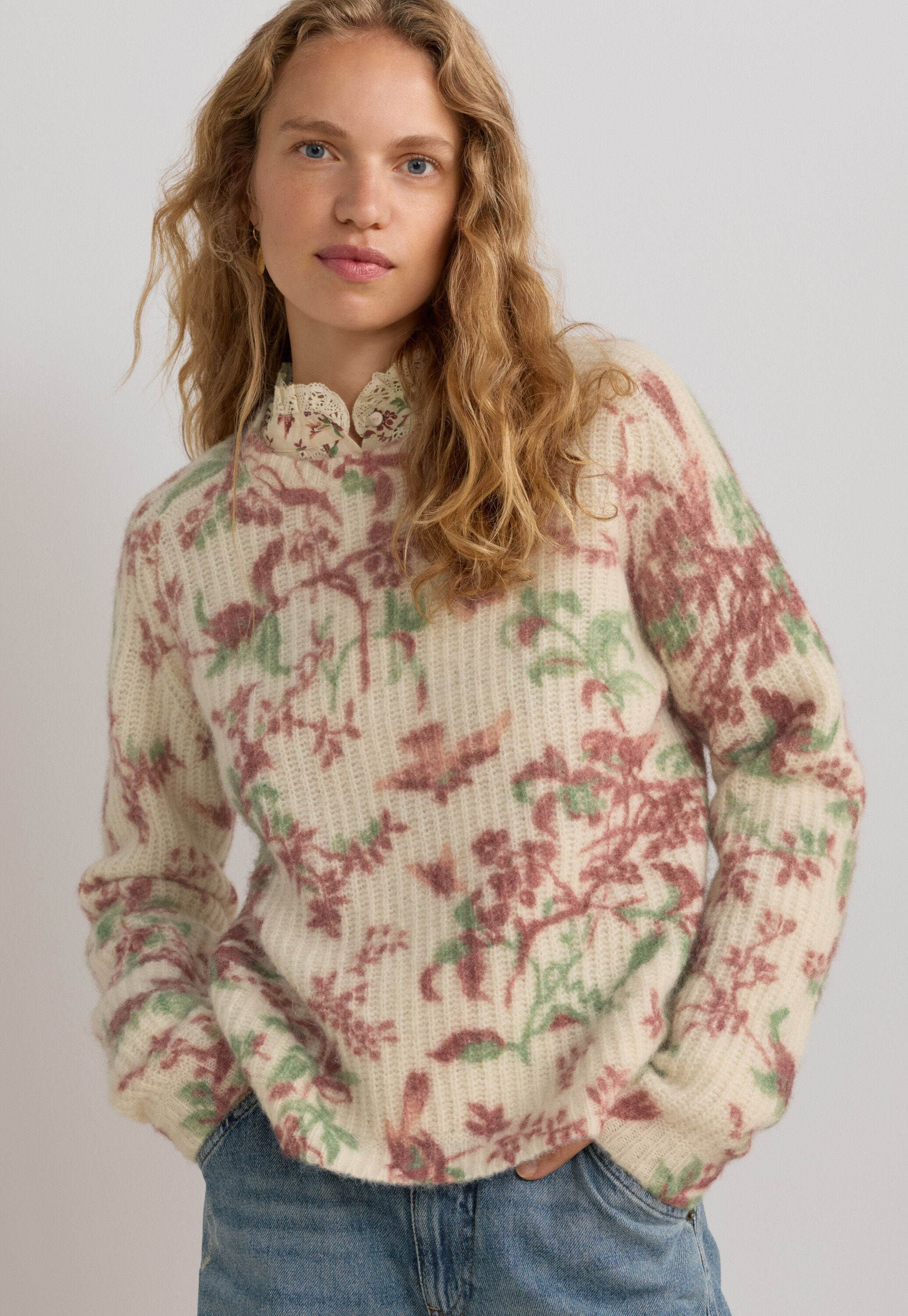 Pullover im Rippenstrick, Ecru/Burgunder, large