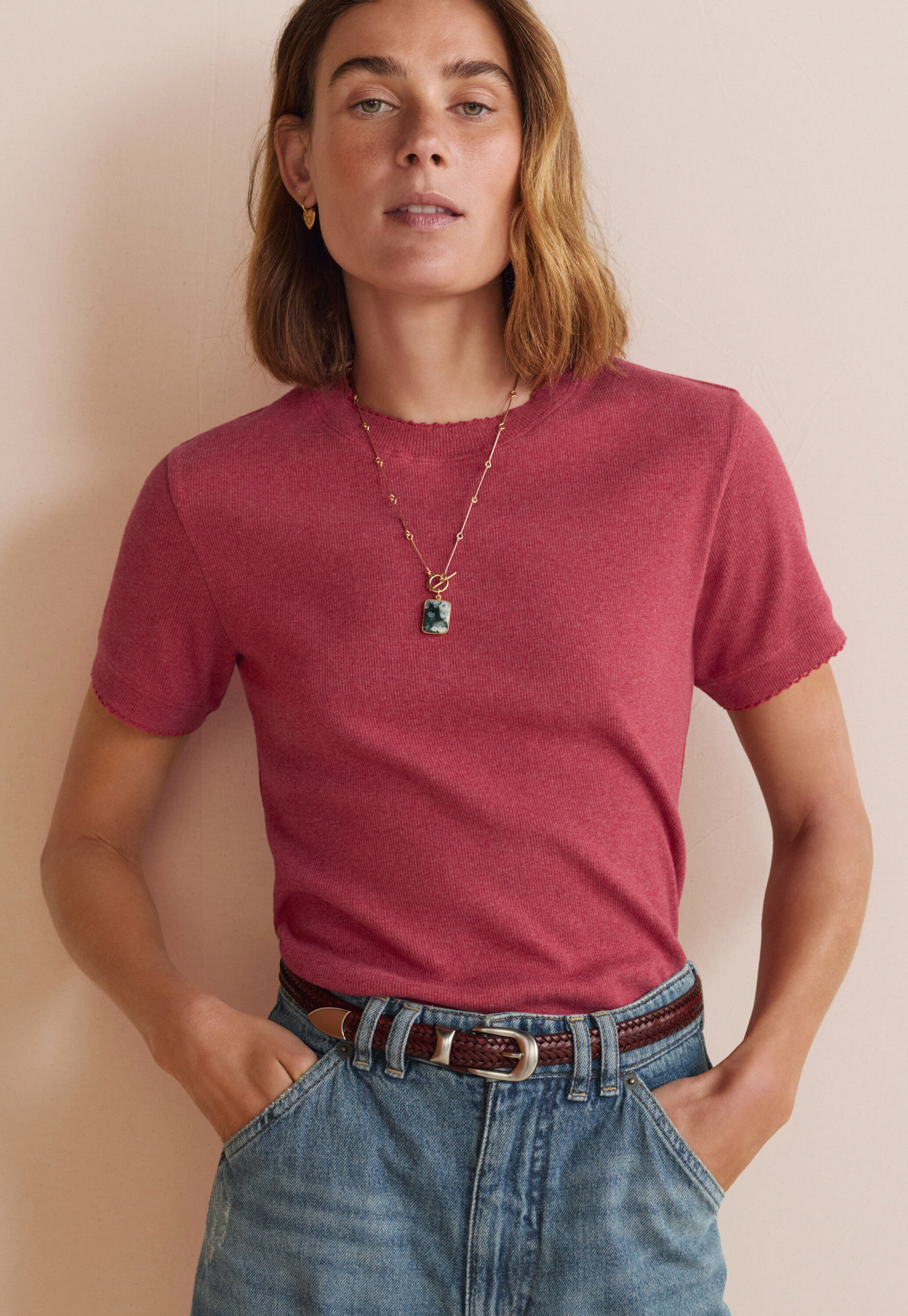 T-Shirt aus geripptem Jersey, Karmesinrot, large