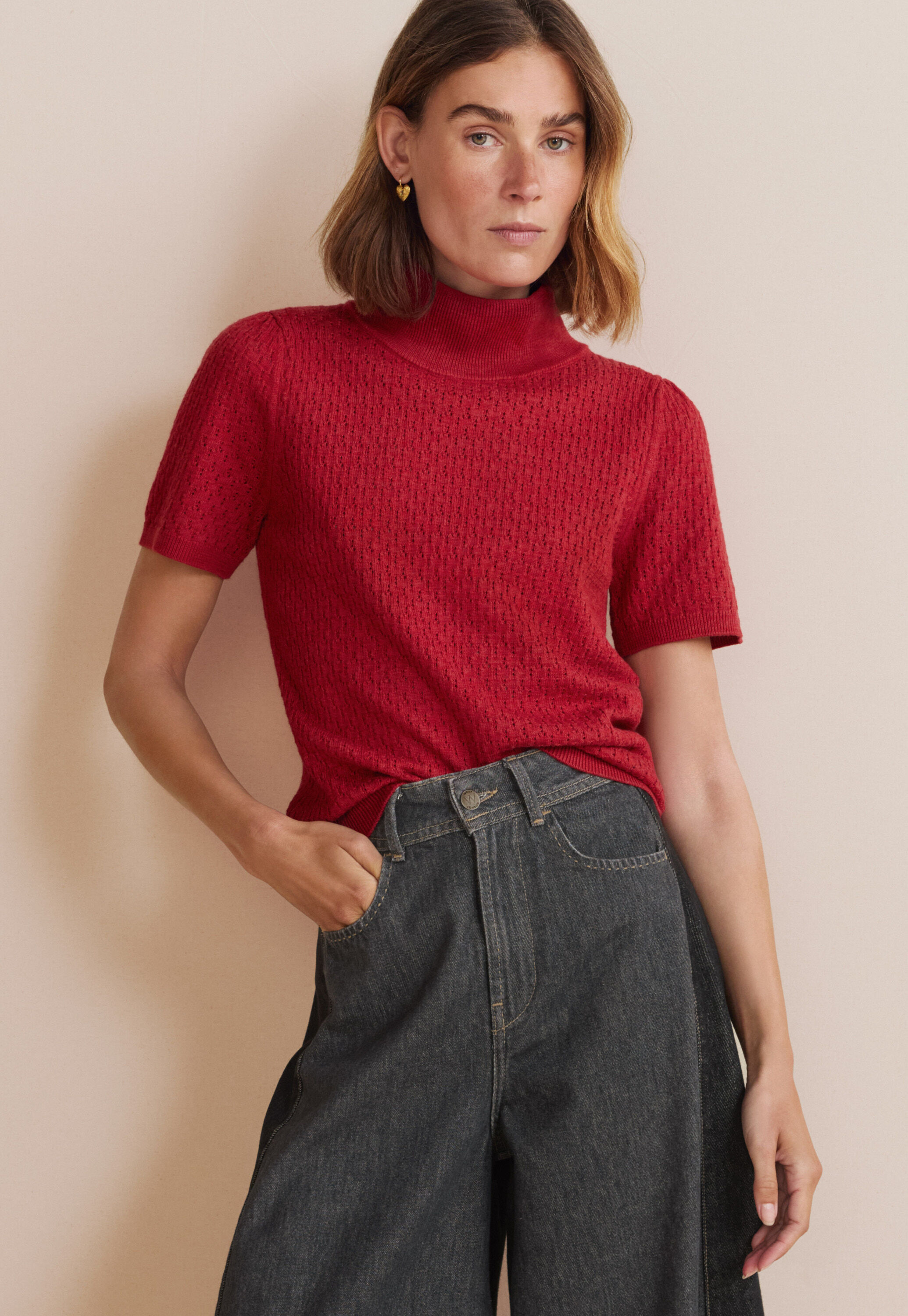 Pointelle-Pullover, Scharlachrot, large