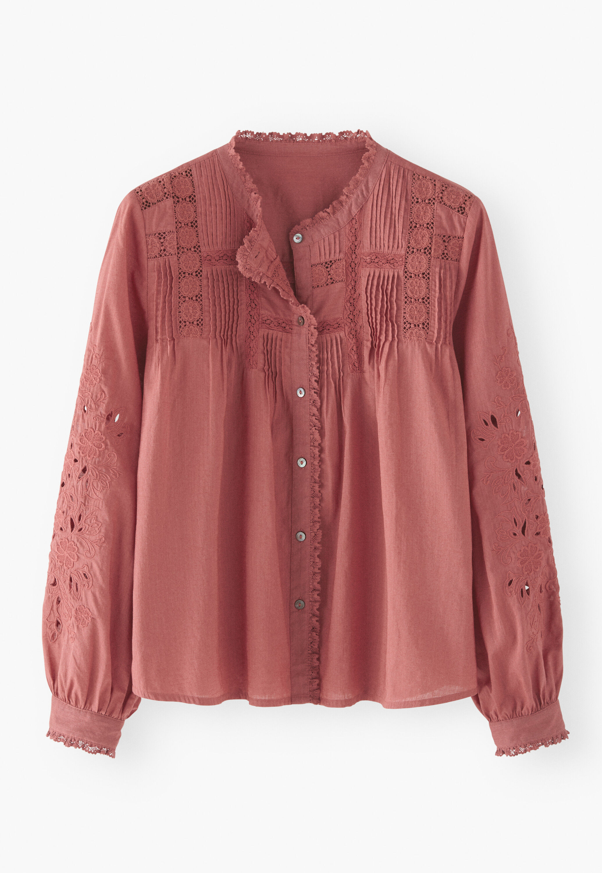 Bluse mit Spitze und Biesen, Himbeerrosa, large