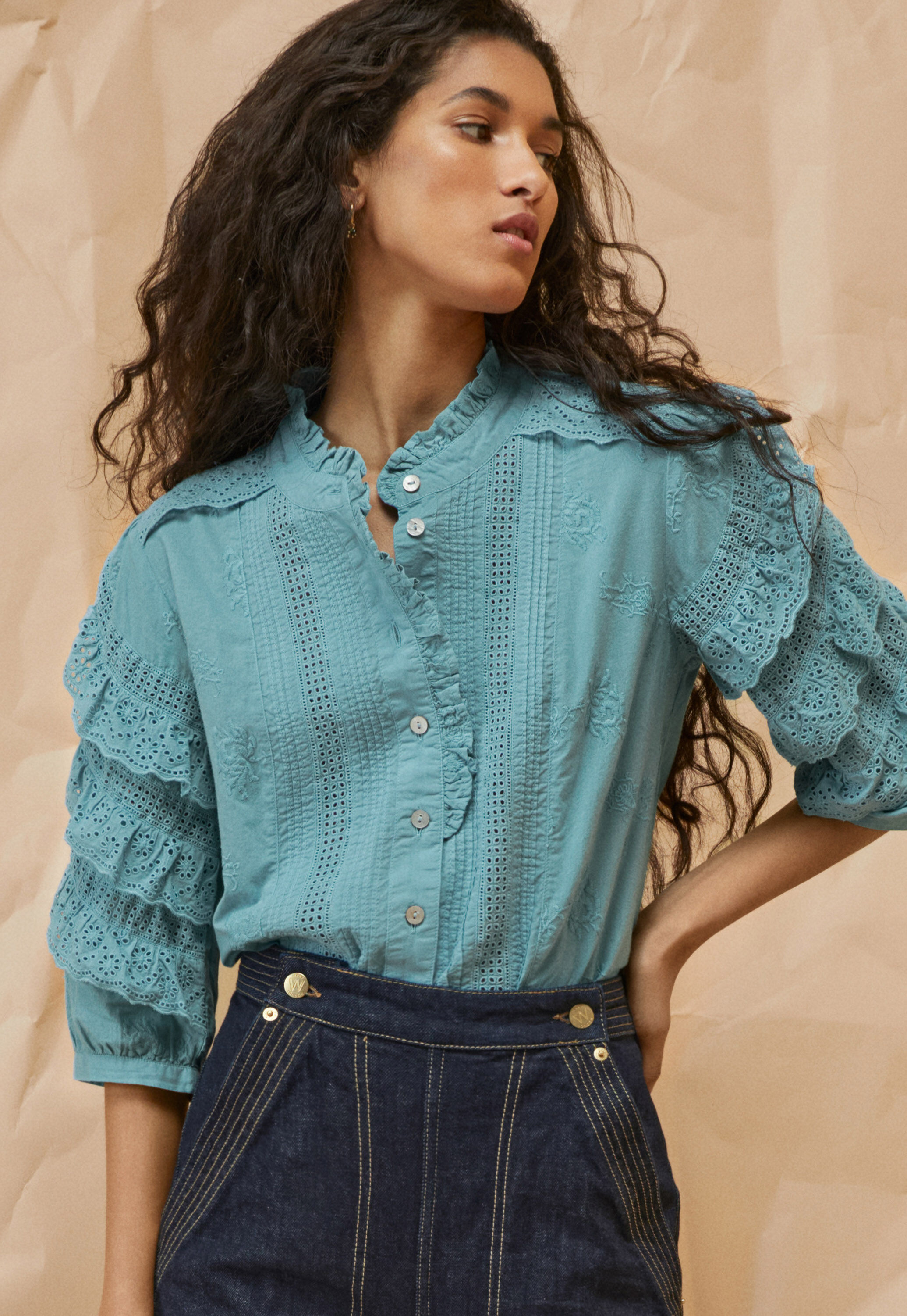 Schiffli-Bluse, Helles Cerulean, large