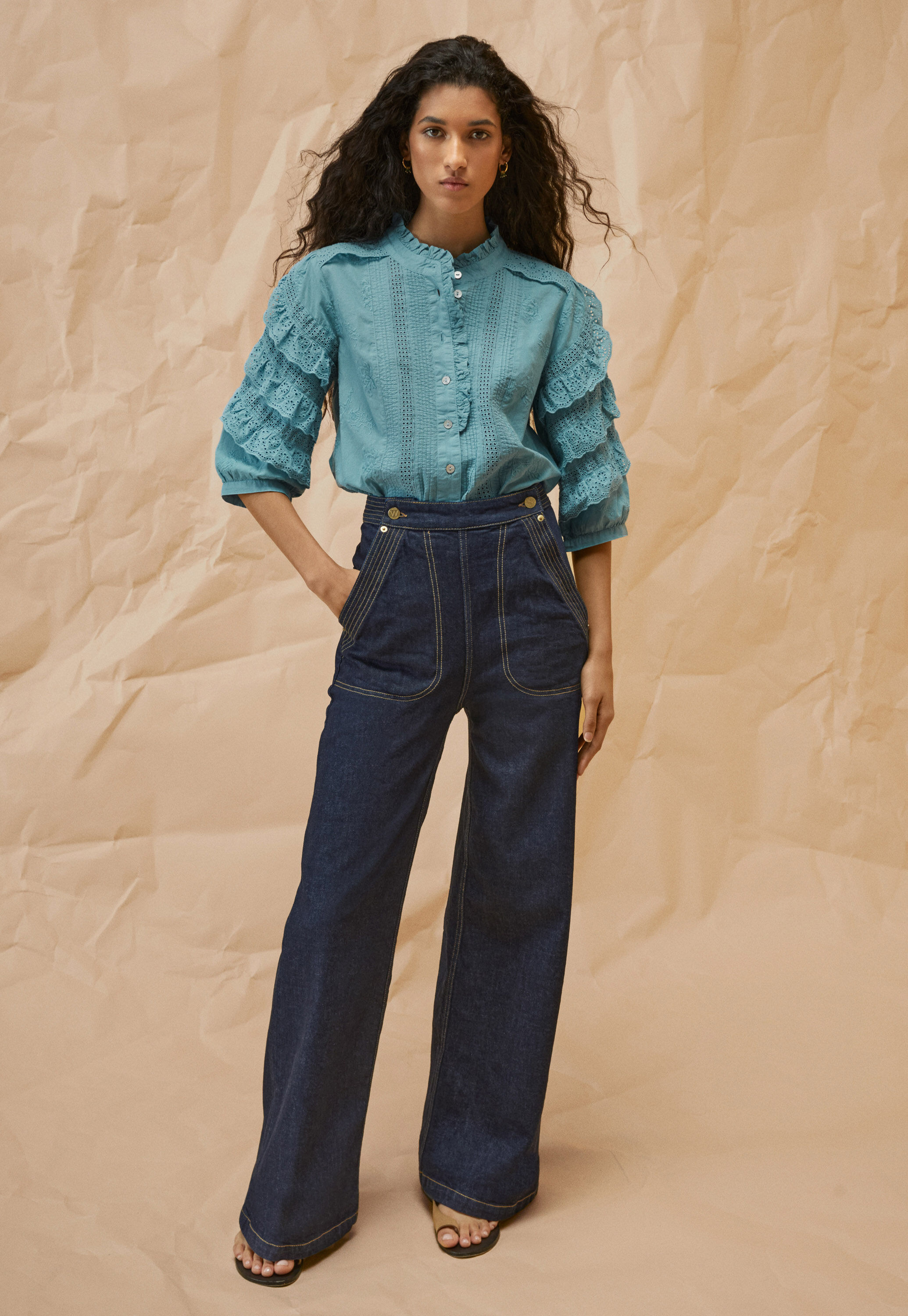 Schiffli-Bluse, Helles Cerulean, large