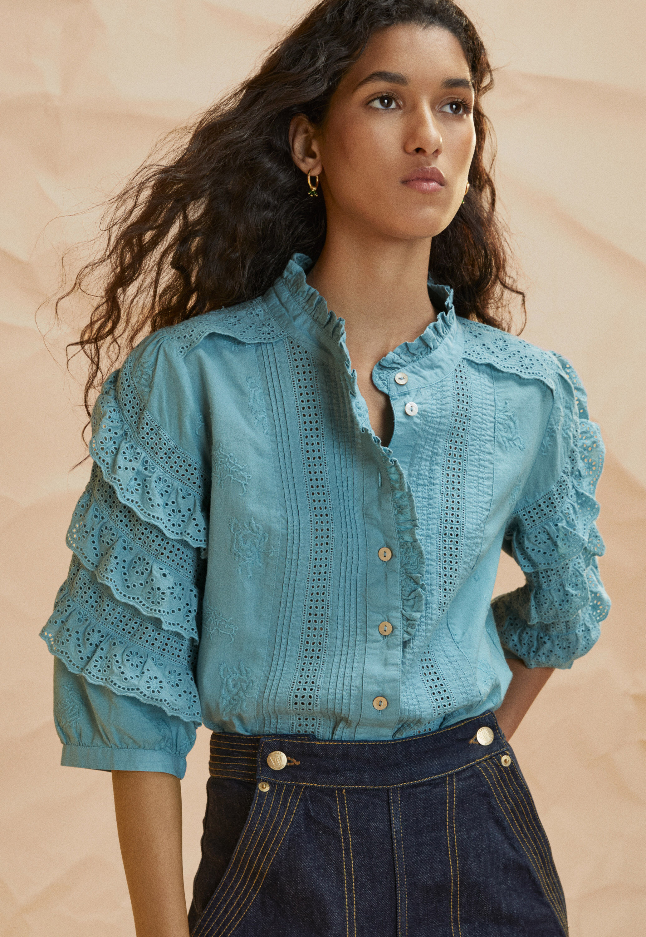 Schiffli-Bluse, Helles Cerulean, large