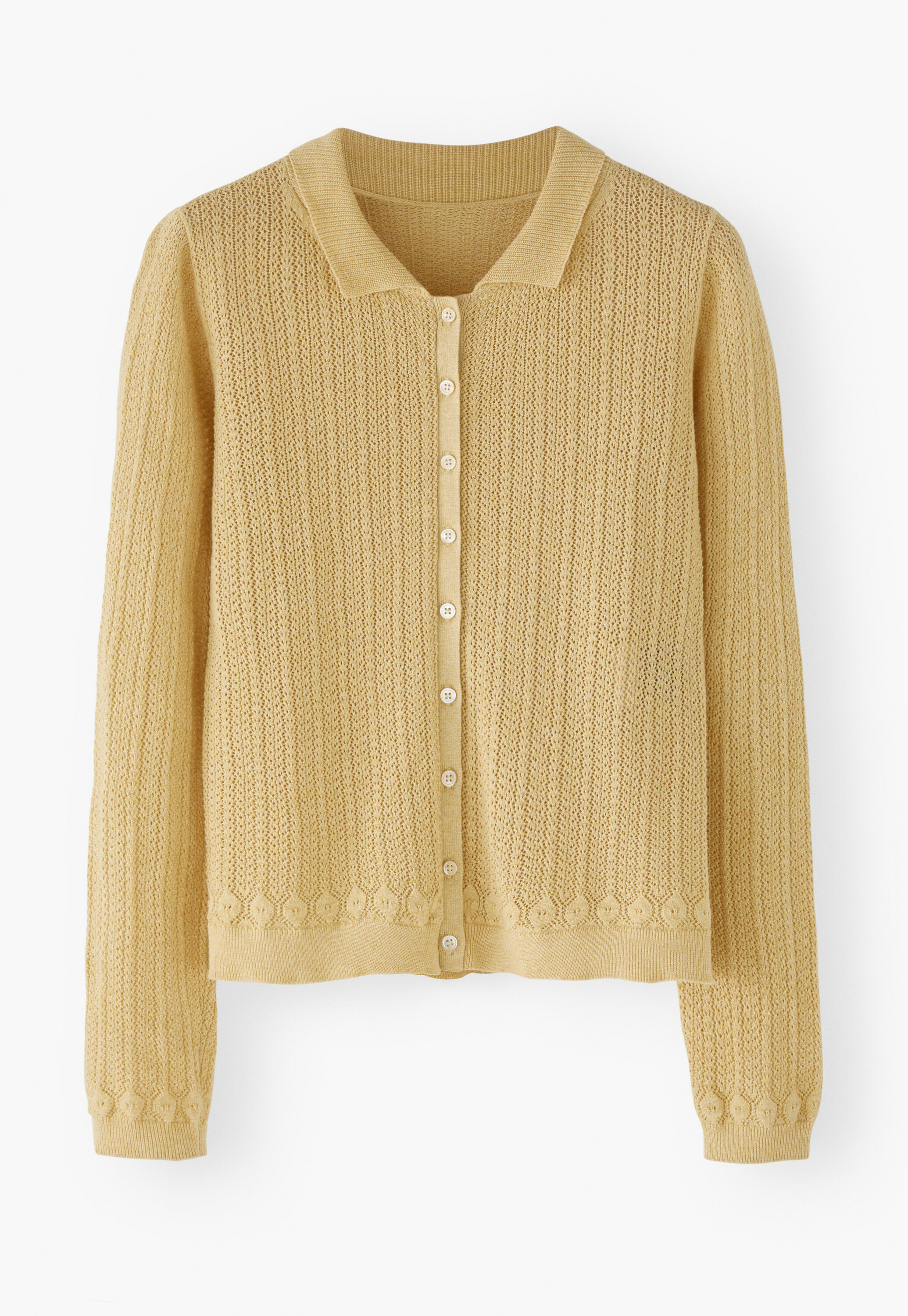 Spitzenmuster-Cardigan mit Kragen, Buttergelb, large