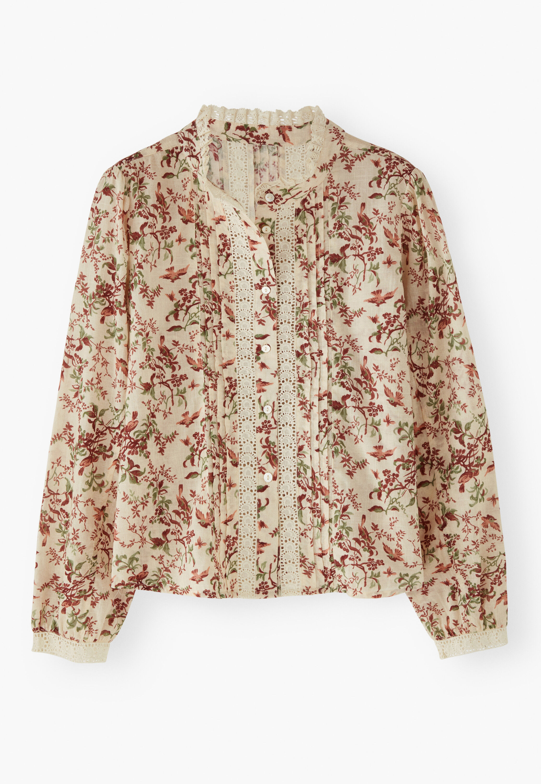 Print-Bluse mit Spitzendetail, Ecru/Burgunder, large