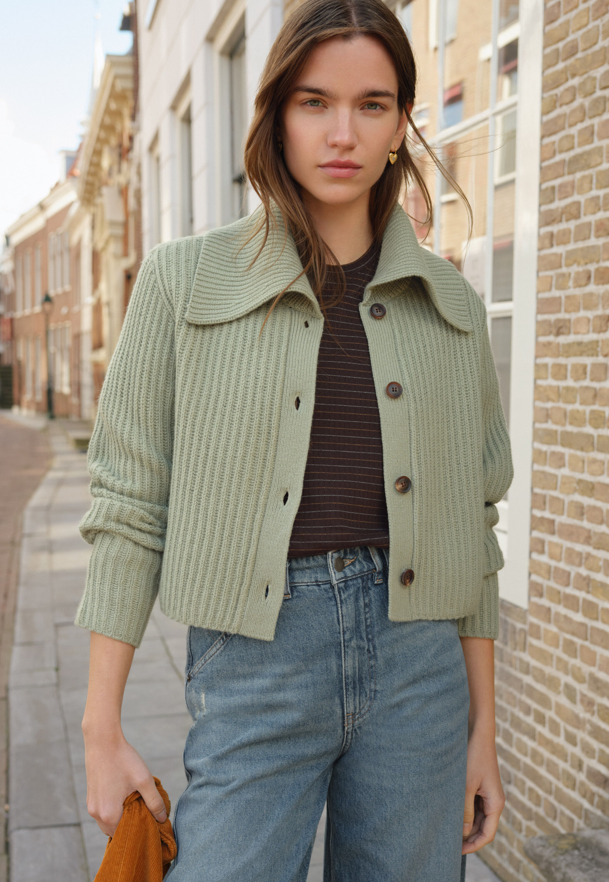 Ripp-Cardigan mit Kragen