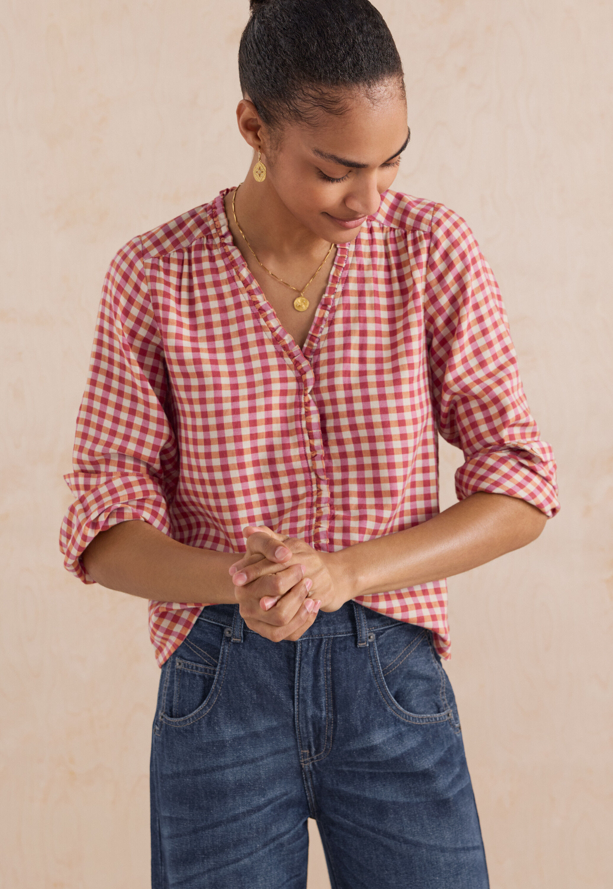 Vichy-Karo-Bluse mit R&uuml;schen