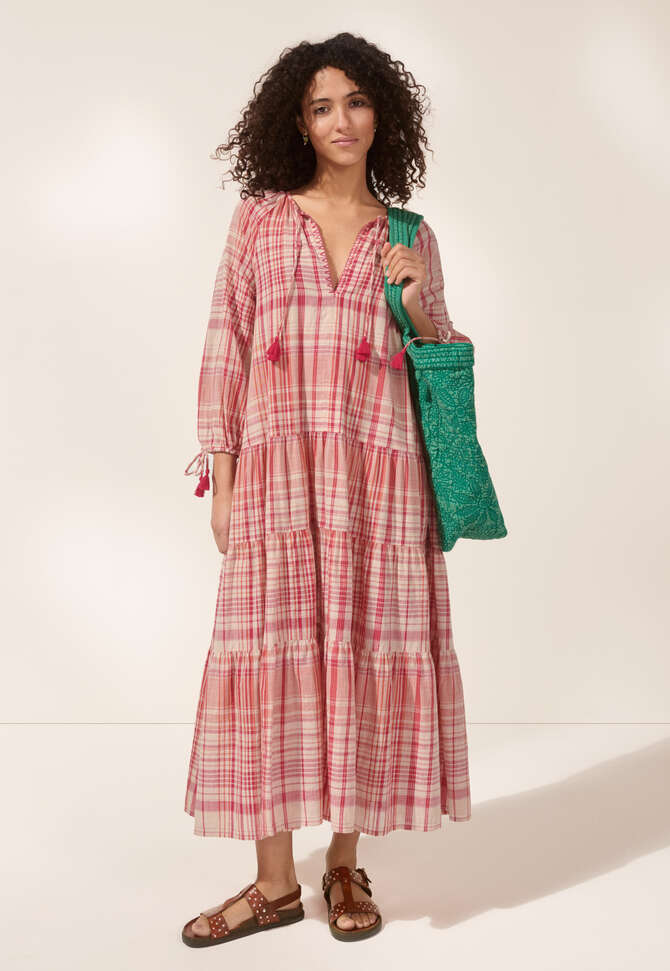Kariertes Maxikleid, Karmesinrot/Koralle, completeTheLook