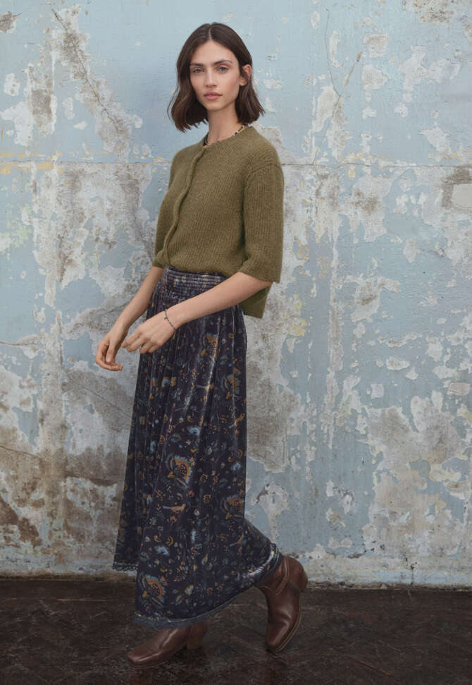Samtrock mit Print, Zwetschge/Grau, completeTheLook