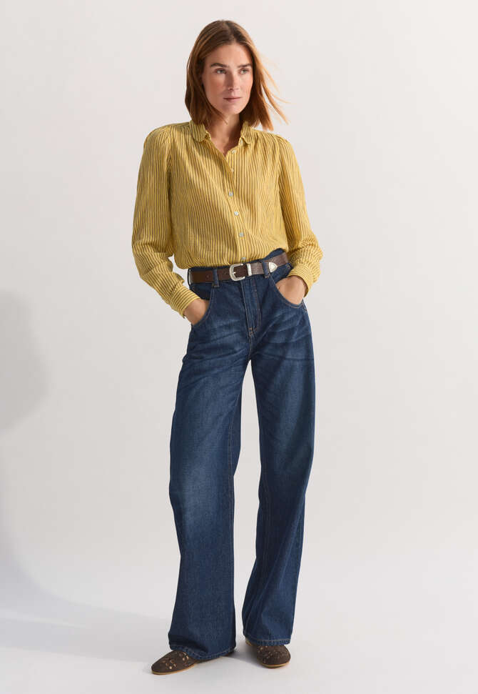 Gestreifte Crinkle-Bluse, Sonnenscheingelb, completeTheLook