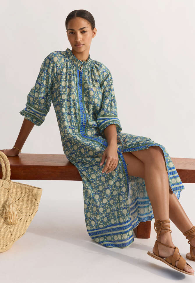 Bedrucktes Kleid mit Bord&uuml;re, Dunkles Salbei/Kobalt, completeTheLook