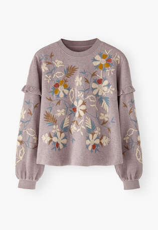 Besticktes Sweatshirt, Lavendelgrau, webstill