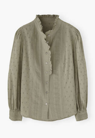 Ruffle-neck broderie blouse, Soft khaki green, webstill