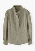 Ruffle-neck broderie blouse, Soft khaki green, webstill