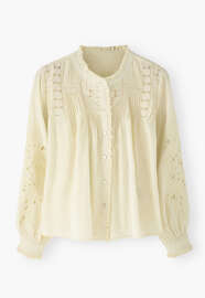 Bluse mit Spitze und Biesen, Buttercreme, webstill