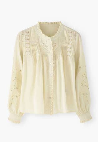 Bluse mit Spitze und Biesen, Buttercreme, webstill