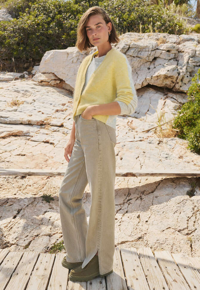 Cardigan mit V-Ausschnitt, Zitrone/Grau, completeTheLook