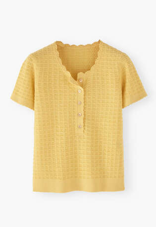 T-Shirt mit Maschendetails, Zartes Zitronengelb, webstill
