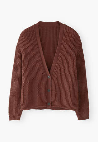 Cardigan mit V-Ausschnitt, Mahagoni, webstill