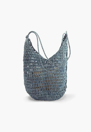 Geh&auml;kelte Bucket-Bag, Stein/Blau, webstill
