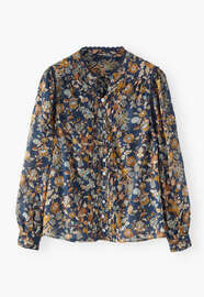 Bedruckte Bluse mit Faltendetails, Indigo/Ocker, webstill