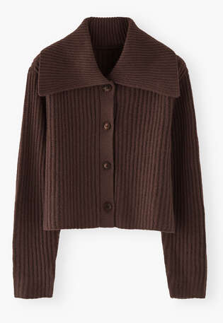 Rib-stitch collared cardigan, Dark chocolate, webstill