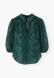Broderie-Anglaise-Bluse, Tiefes Flaschengr&uuml;n, webstill