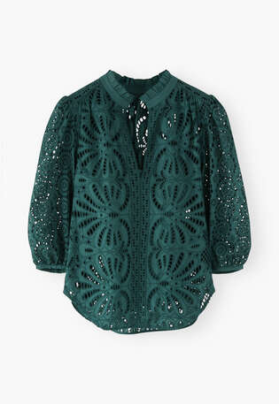 Broderie-Anglaise-Bluse, Tiefes Flaschengr&uuml;n, webstill