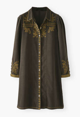 Besticktes Cord-Shiftkleid, Kohlschwarz, webstill