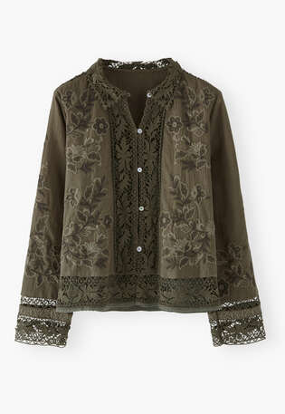Bestickte Bluse mit Spitze, Dunkles Moos, webstill