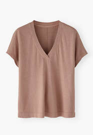 T-Shirt mit V-Ausschnitt, Rehbraun, webstill