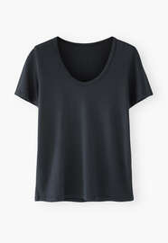 T-Shirt mit U-Ausschnitt, Dunkles Tintenblau, webstill