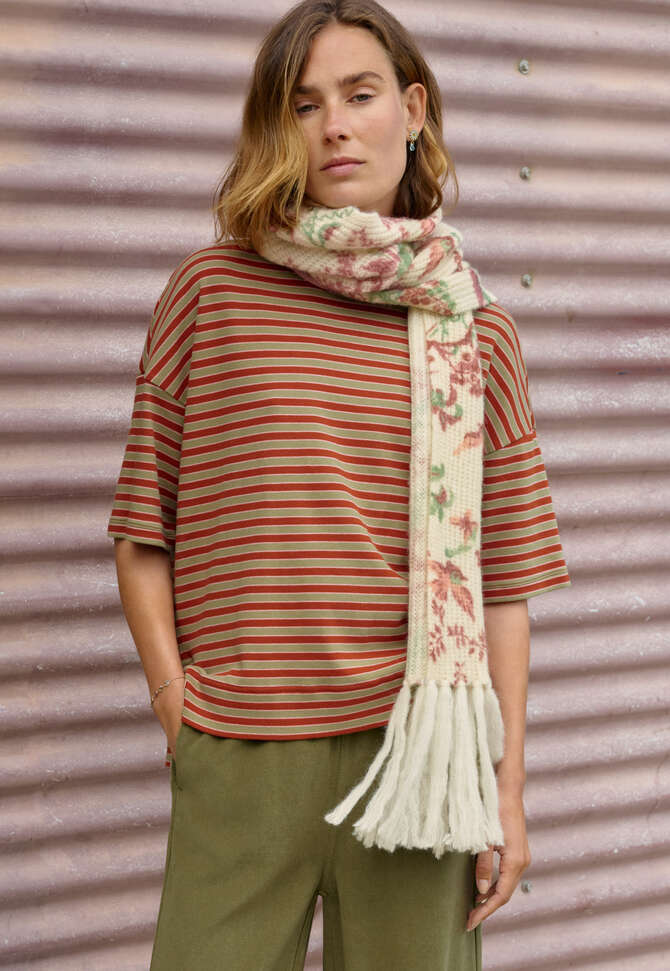 Schal mit Print, Ecru/Burgunder, completeTheLook