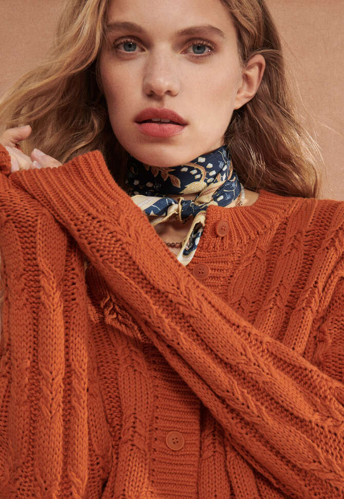 Cardigan mit Zopfmuster, Orangerot, completeTheLook