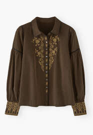 Bestickte Bluse mit eingewebten Streifen, Espresso/Rehbraun, webstill
