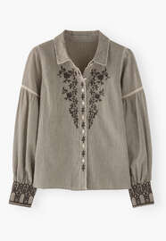 Bestickte Bluse mit eingewebten Streifen, Kohlschwarz/Ecru, webstill