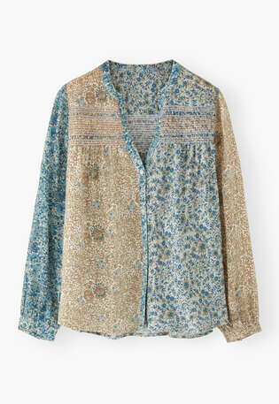 Print-Bluse mit Kr&auml;uselungen, Zartes Puderblau, webstill