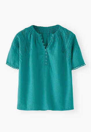 Bluse mit Spitzendetail, Tiefes T&uuml;rkis, webstill