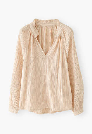 Bluse mit ger&uuml;schtem Ausschnitt, Ecru, webstill