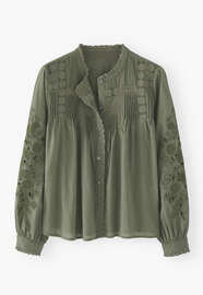 Bluse mit Spitze und Biesen, Waldgr&uuml;n, webstill