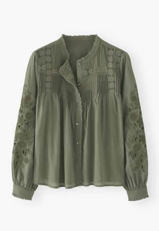 Bluse mit Spitze und Biesen, Waldgr&uuml;n, webstill