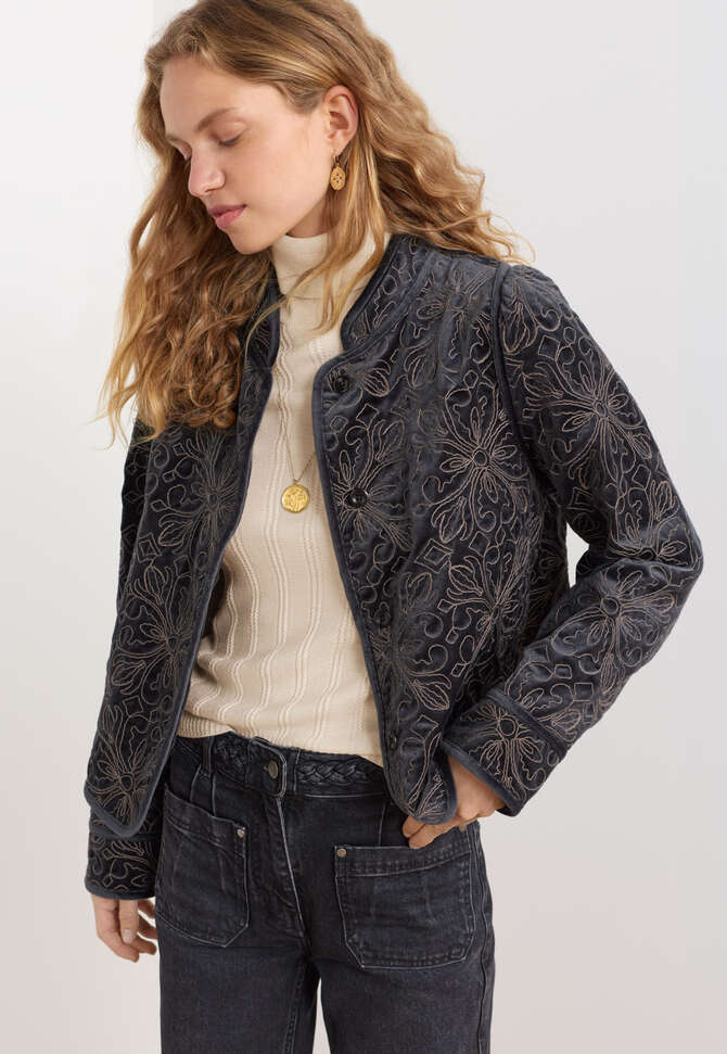 Bestickte Samtjacke, Kohlschwarz, completeTheLook