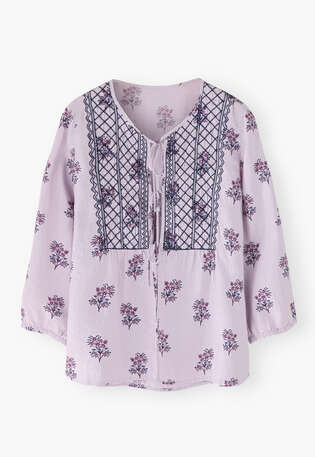 Bedruckte Bluse mit Bindeb&auml;ndern, Lavendel, webstill